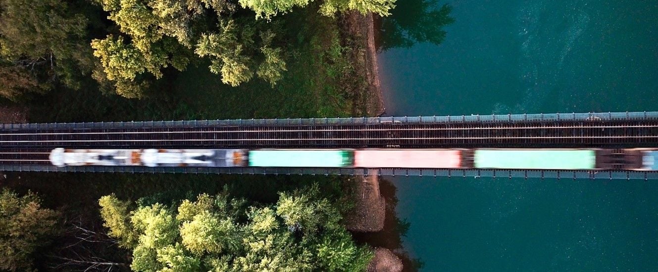 Freight train on rails bird view